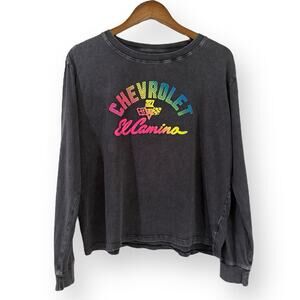 GM Chevrolet El Camino Long Sleeve Gray Faded Rainbow Letter Boxy Shirt Womens L